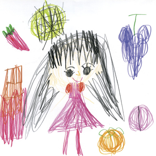 わたしのすきなたべものにかこまれたよ