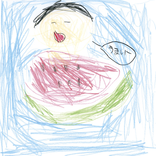 外ですいかを食べている子